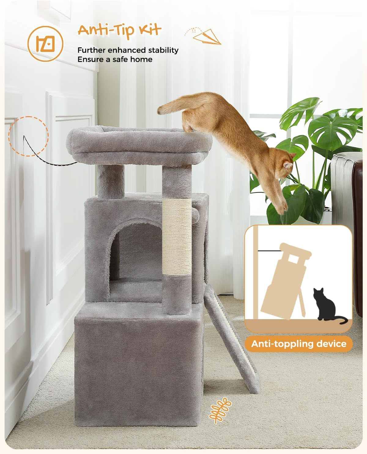 30-Inch Cat Tree for Indoor Cats with Dual Condos, Plush Padded Perch, Sisal Scratching Posts & Ramp, Interactive Hanging Toys, Stable Cat Tower for Kittens & Medium Cats, Gray