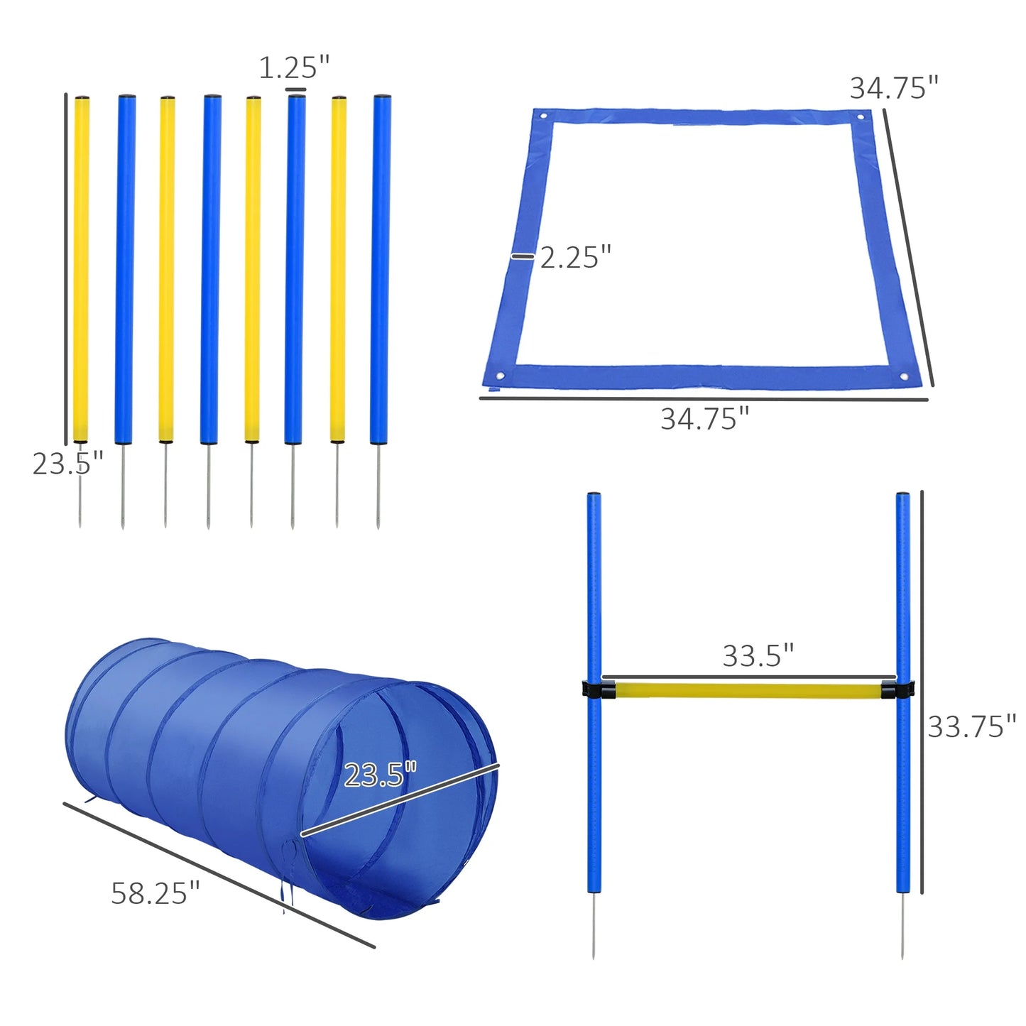 4-Piece Dog Agility Training Equipment Set, Backyard Agility Course Kit with Adjustable Jump, Weave Poles, Tunnel & Pause Box, Portable Obstacle Training Kit for Dogs, Blue & Yellow