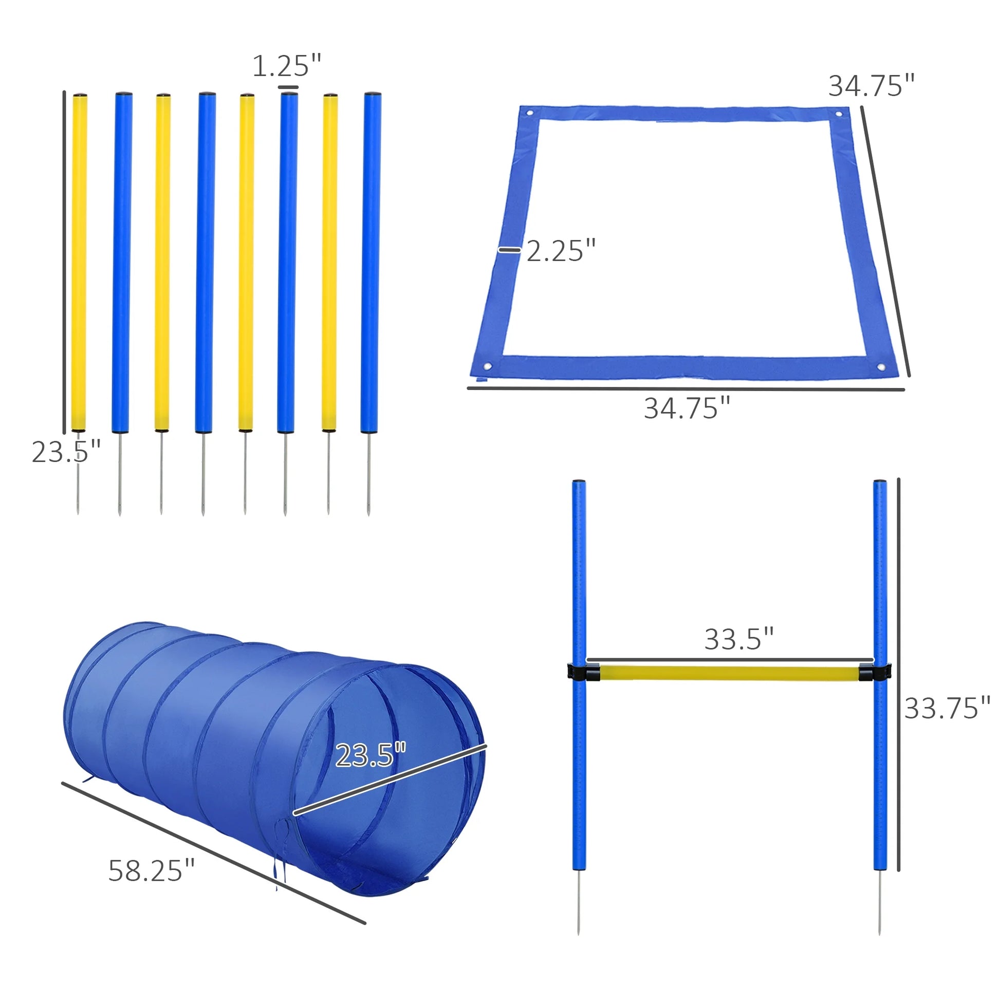 4-Piece Dog Agility Training Equipment Set, Backyard Agility Course Kit with Adjustable Jump, Weave Poles, Tunnel & Pause Box, Portable Obstacle Training Kit for Dogs, Blue & Yellow