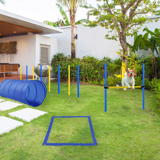 4-Piece Dog Agility Training Equipment Set, Backyard Agility Course Kit with Adjustable Jump, Weave Poles, Tunnel & Pause Box, Portable Obstacle Training Kit for Dogs, Blue & Yellow