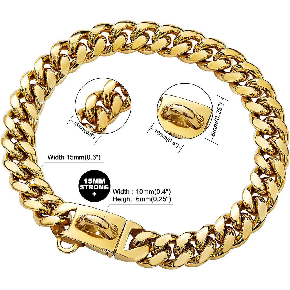 Heavy Duty Stainless Steel Cuban Link Dog Collar for Large Dogs, Strong Metal Chain Collar for Pitbull, Bulldog & Mastiff, Durable Pet Training & Walking Collar, Silver/Gold