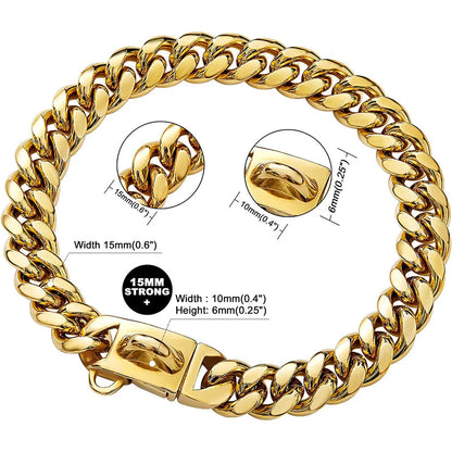 Heavy Duty Stainless Steel Cuban Link Dog Collar for Large Dogs, Strong Metal Chain Collar for Pitbull, Bulldog & Mastiff, Durable Pet Training & Walking Collar, Silver/Gold