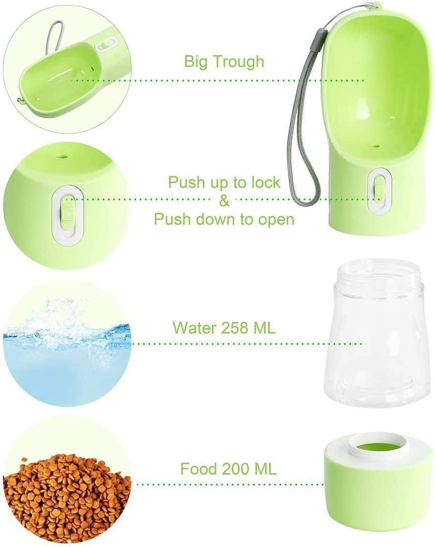 Portable Dog Water Bottle with Food Container, Leak-Proof Pet Water Dispenser with Drinking Bowl, One-Hand Operation, Food-Grade Plastic, Travel Water Bottle for Dogs & Cats, Green