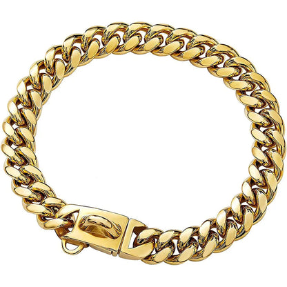 Heavy Duty Stainless Steel Cuban Link Dog Collar for Large Dogs, Strong Metal Chain Collar for Pitbull, Bulldog & Mastiff, Durable Pet Training & Walking Collar, Silver/Gold