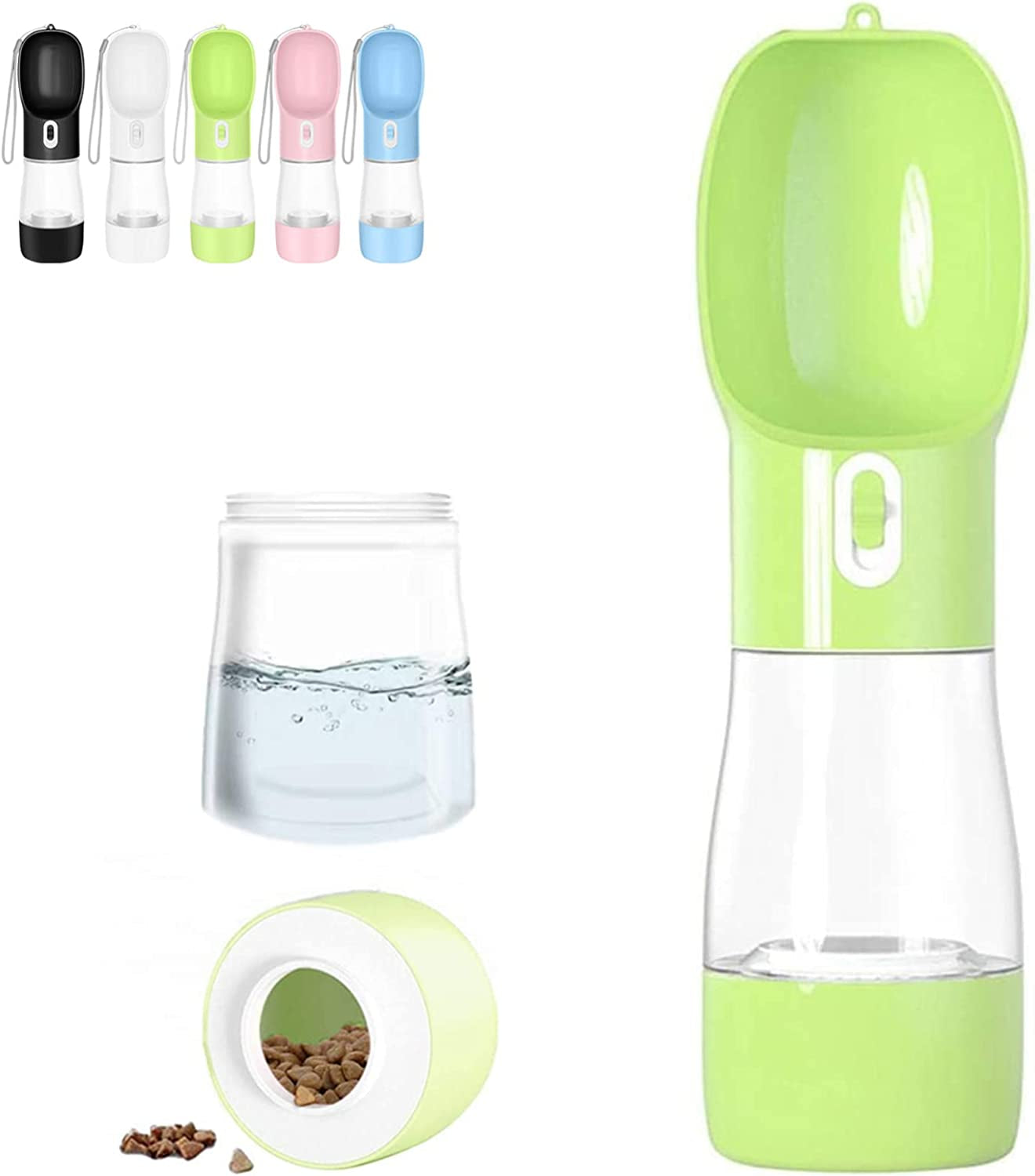 Portable Dog Water Bottle with Food Container, Leak-Proof Pet Water Dispenser with Drinking Bowl, One-Hand Operation, Food-Grade Plastic, Travel Water Bottle for Dogs & Cats, Green