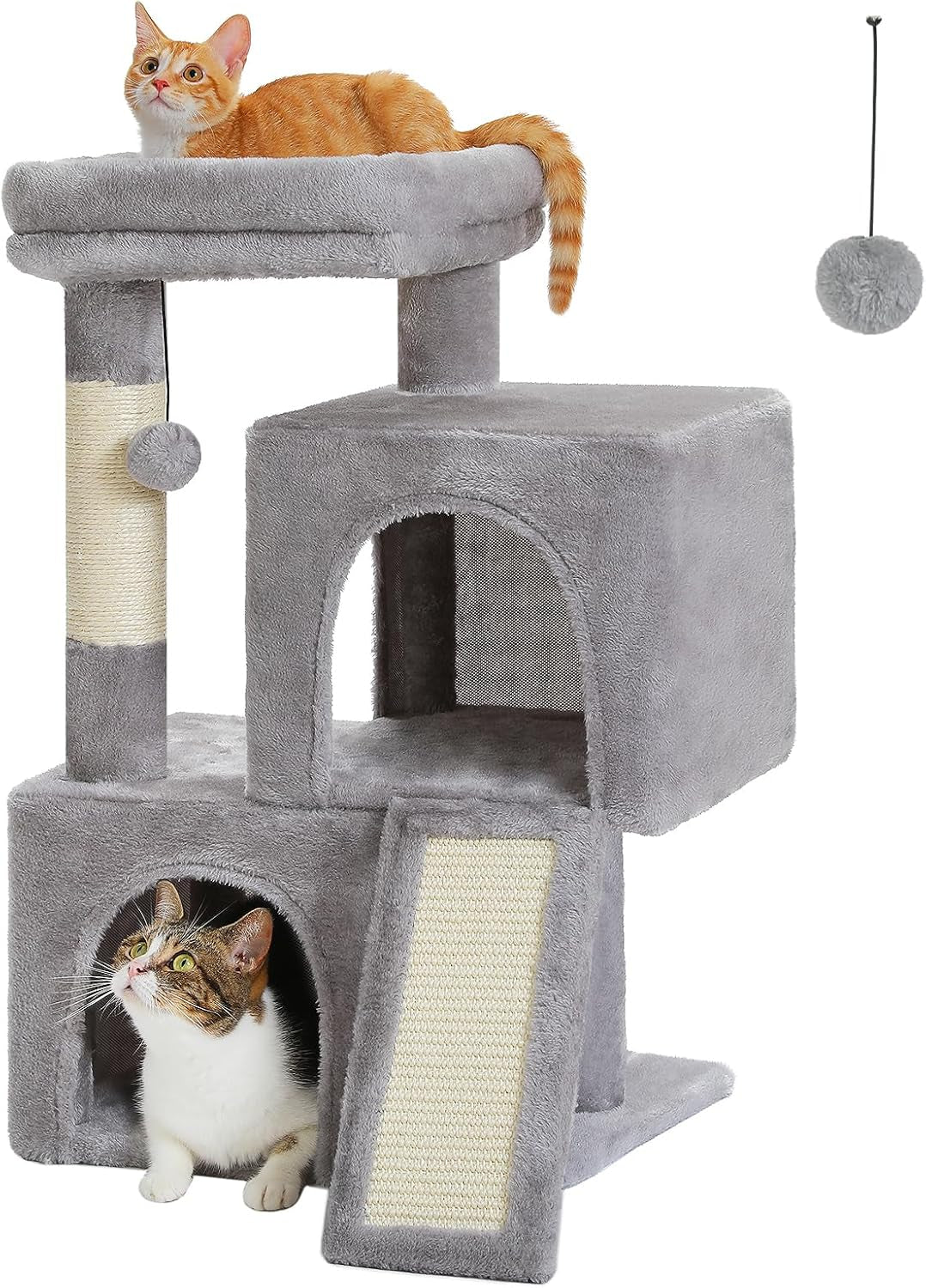 30-Inch Cat Tree for Indoor Cats with Dual Condos, Plush Padded Perch, Sisal Scratching Posts & Ramp, Interactive Hanging Toys, Stable Cat Tower for Kittens & Medium Cats, Gray