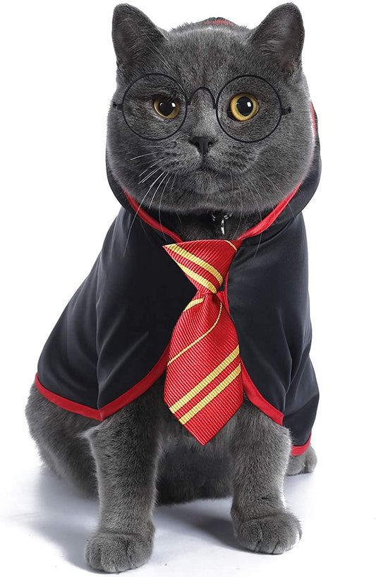 Halloween Cat Costume Wizard Cloak for Cats & Small Dogs, Anime Pet Costume with Velcro Closure, Soft Cosplay Outfit for Kitten, Puppy, Halloween Parties & Photos, Red, Small