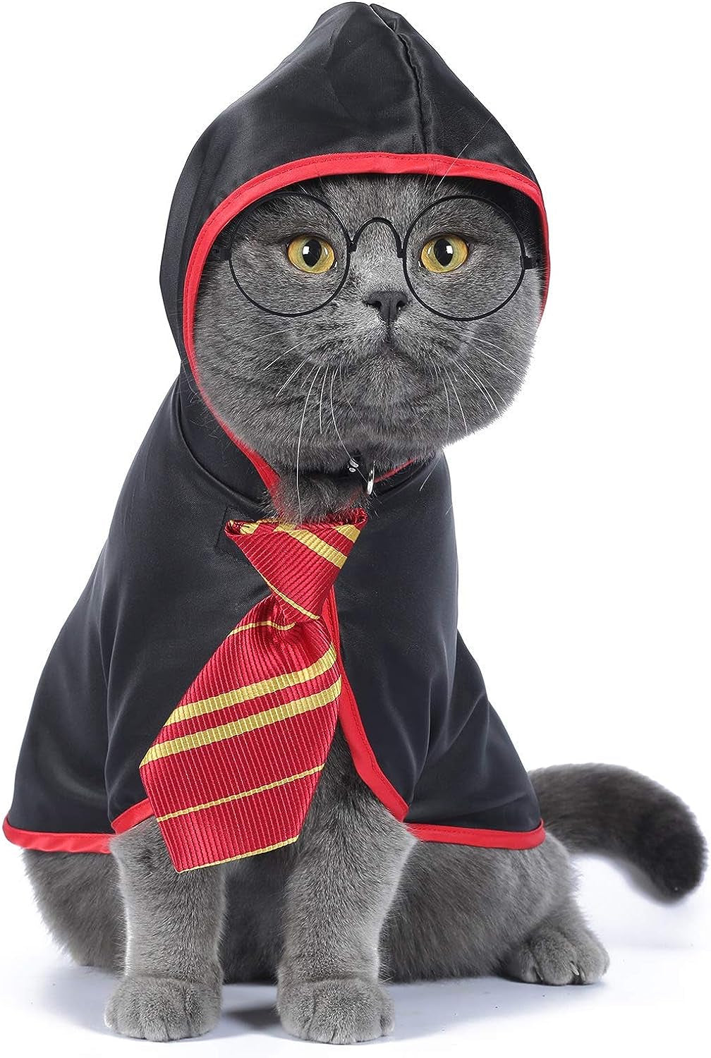 Halloween Cat Costume Wizard Cloak for Cats & Small Dogs, Anime Pet Costume with Velcro Closure, Soft Cosplay Outfit for Kitten, Puppy, Halloween Parties & Photos, Red, Small