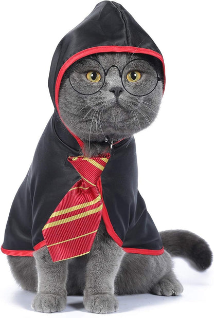Halloween Cat Costume Wizard Cloak for Cats & Small Dogs, Anime Pet Costume with Velcro Closure, Soft Cosplay Outfit for Kitten, Puppy, Halloween Parties & Photos, Red, Small