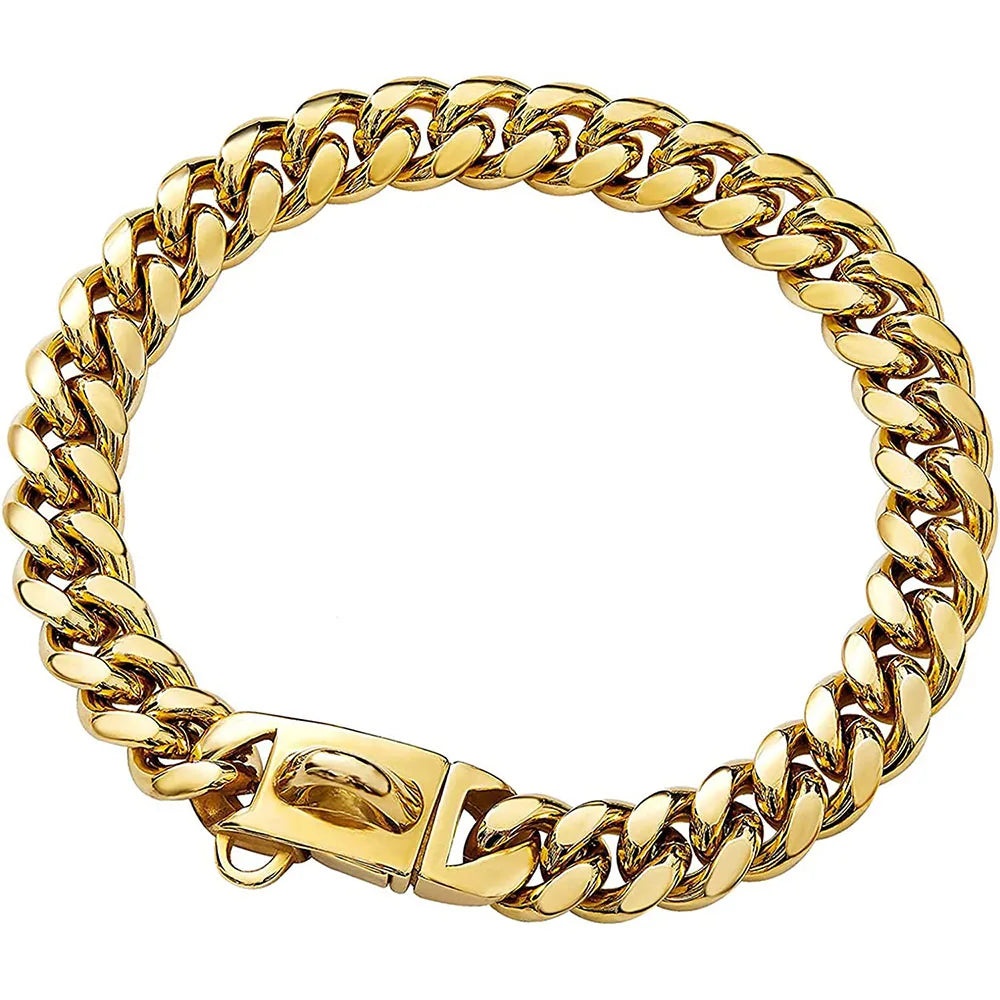 Heavy Duty Stainless Steel Cuban Link Dog Collar for Large Dogs, Strong Metal Chain Collar for Pitbull, Bulldog & Mastiff, Durable Pet Training & Walking Collar, Silver/Gold