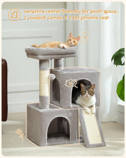 30-Inch Cat Tree for Indoor Cats with Dual Condos, Plush Padded Perch, Sisal Scratching Posts & Ramp, Interactive Hanging Toys, Stable Cat Tower for Kittens & Medium Cats, Gray