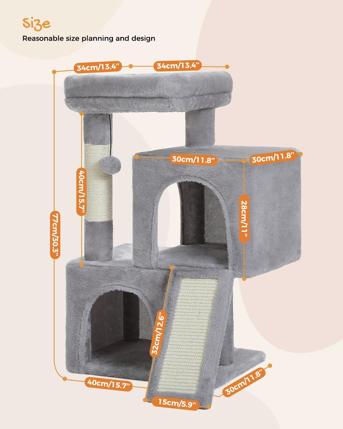 30-Inch Cat Tree for Indoor Cats with Dual Condos, Plush Padded Perch, Sisal Scratching Posts & Ramp, Interactive Hanging Toys, Stable Cat Tower for Kittens & Medium Cats, Gray