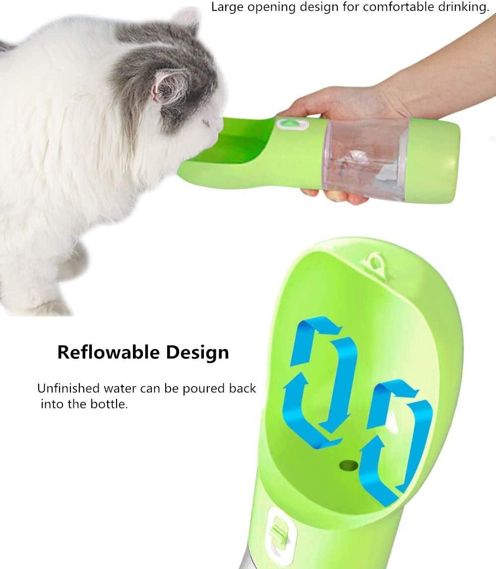 Portable Dog Water Bottle with Food Container, Leak-Proof Pet Water Dispenser with Drinking Bowl, One-Hand Operation, Food-Grade Plastic, Travel Water Bottle for Dogs & Cats, Green