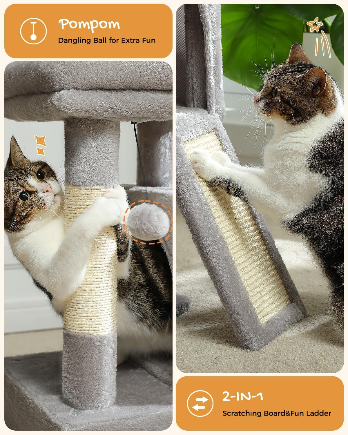 30-Inch Cat Tree for Indoor Cats with Dual Condos, Plush Padded Perch, Sisal Scratching Posts & Ramp, Interactive Hanging Toys, Stable Cat Tower for Kittens & Medium Cats, Gray