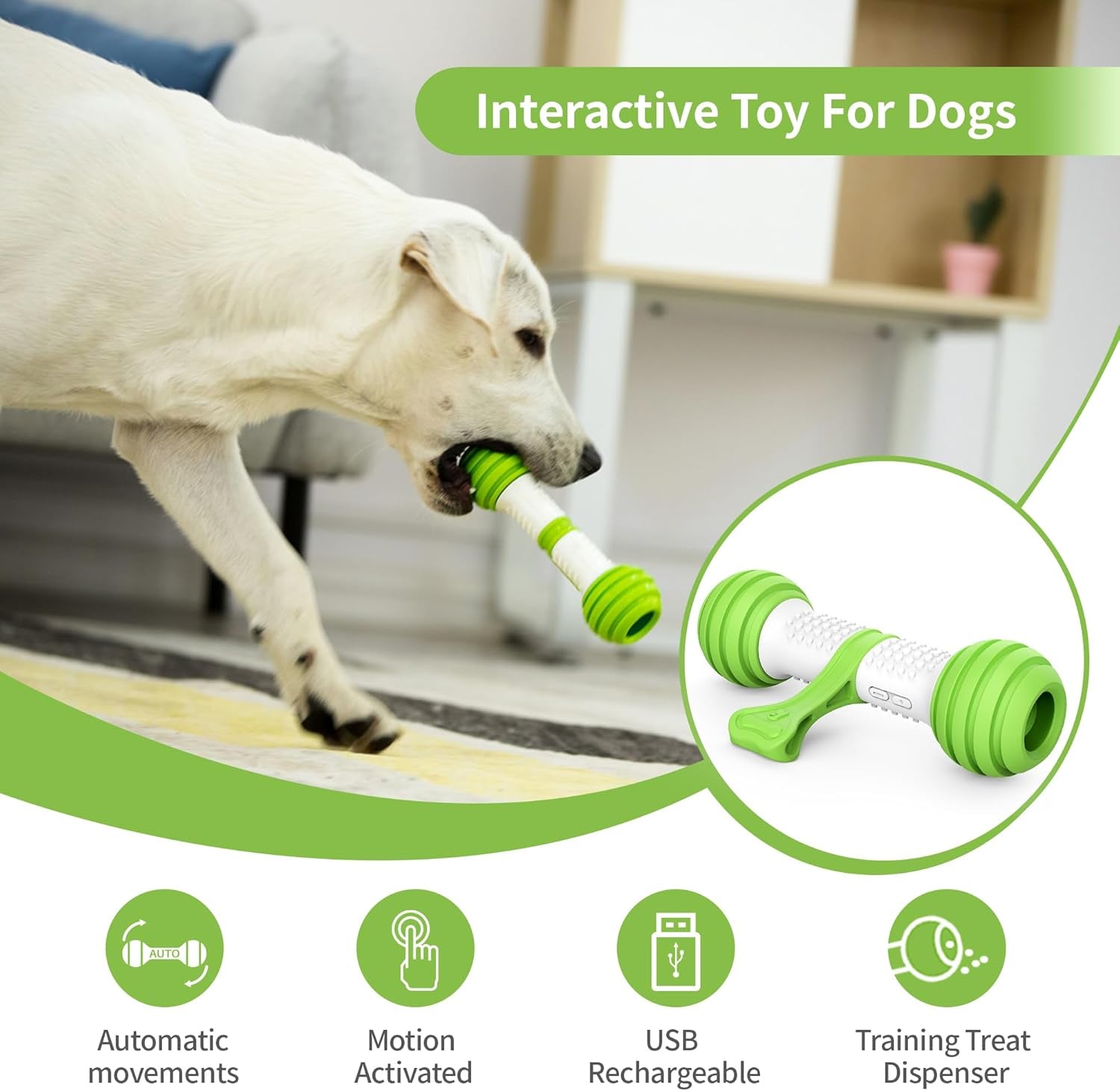 Interactive Dog Toy for Medium & Large Dogs, Motion Activated Automatic Moving Dog Bone, USB Rechargeable Electronic Dog Toy for Boredom, Exercise & Mental Stimulation, Green