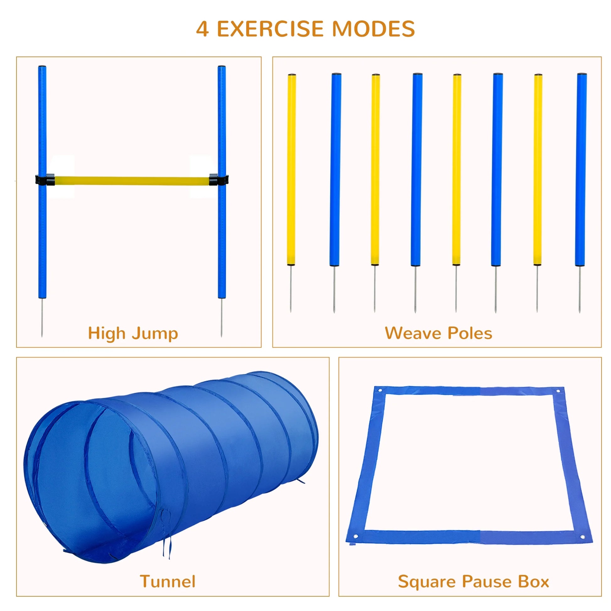 4-Piece Dog Agility Training Equipment Set, Backyard Agility Course Kit with Adjustable Jump, Weave Poles, Tunnel & Pause Box, Portable Obstacle Training Kit for Dogs, Blue & Yellow