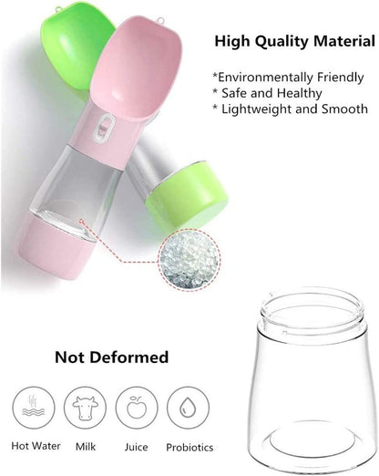 Portable Dog Water Bottle with Food Container, Leak-Proof Pet Water Dispenser with Drinking Bowl, One-Hand Operation, Food-Grade Plastic, Travel Water Bottle for Dogs & Cats, Green