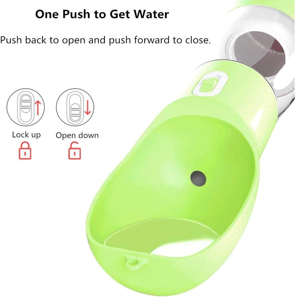 Portable Dog Water Bottle with Food Container, Leak-Proof Pet Water Dispenser with Drinking Bowl, One-Hand Operation, Food-Grade Plastic, Travel Water Bottle for Dogs & Cats, Green