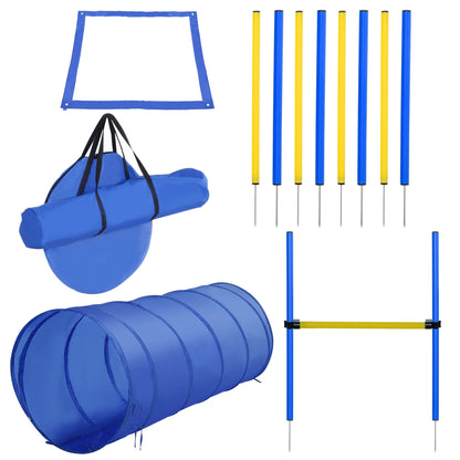 4-Piece Dog Agility Training Equipment Set, Backyard Agility Course Kit with Adjustable Jump, Weave Poles, Tunnel & Pause Box, Portable Obstacle Training Kit for Dogs, Blue & Yellow
