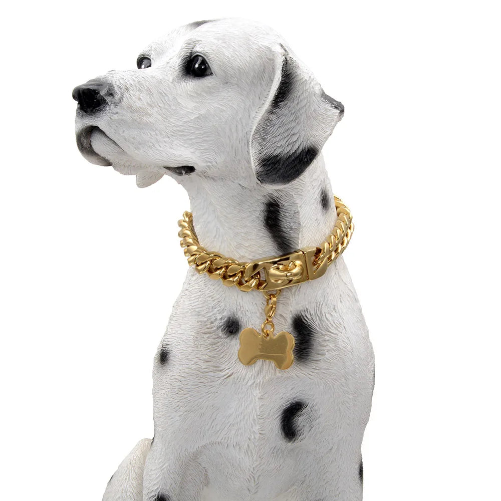 Heavy Duty Stainless Steel Cuban Link Dog Collar for Large Dogs, Strong Metal Chain Collar for Pitbull, Bulldog & Mastiff, Durable Pet Training & Walking Collar, Silver/Gold