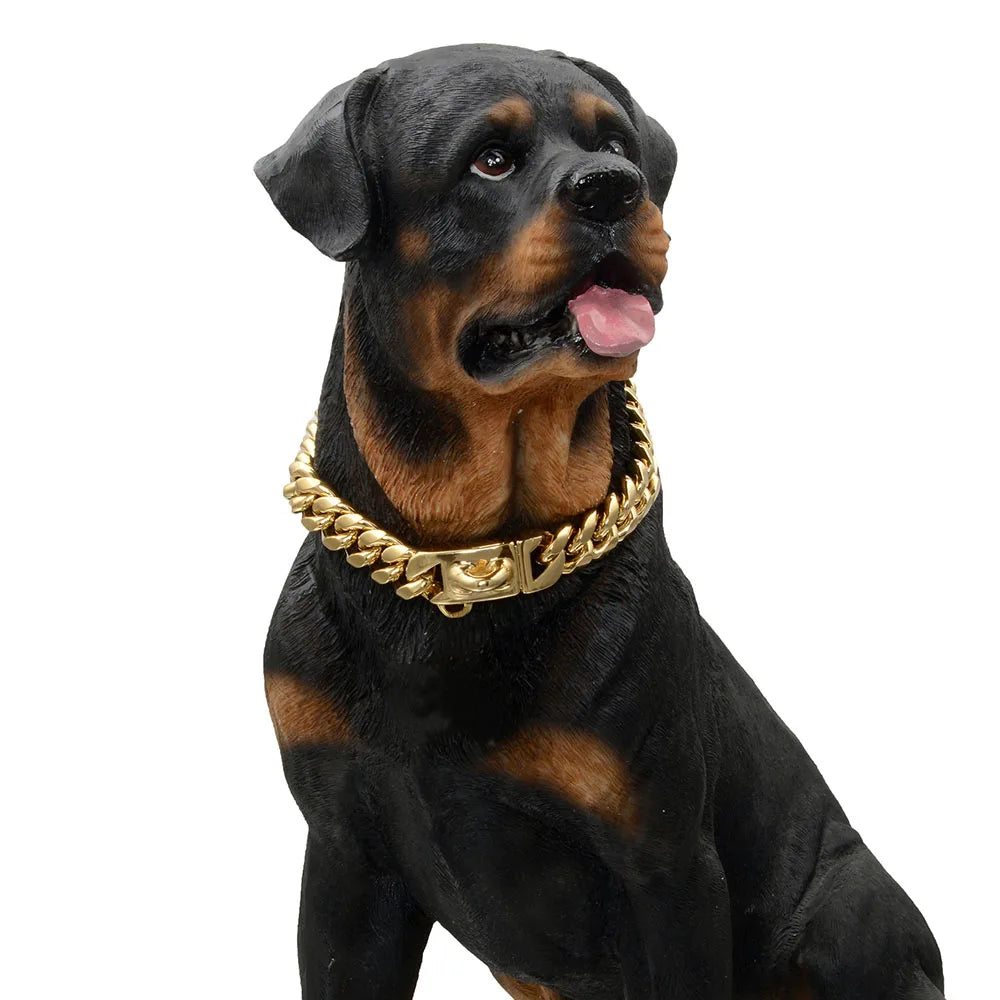 Heavy Duty Stainless Steel Cuban Link Dog Collar for Large Dogs, Strong Metal Chain Collar for Pitbull, Bulldog & Mastiff, Durable Pet Training & Walking Collar, Silver/Gold
