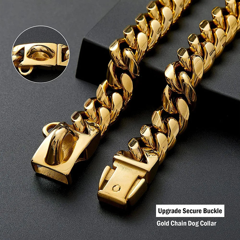 Heavy Duty Stainless Steel Cuban Link Dog Collar for Large Dogs, Strong Metal Chain Collar for Pitbull, Bulldog & Mastiff, Durable Pet Training & Walking Collar, Silver/Gold